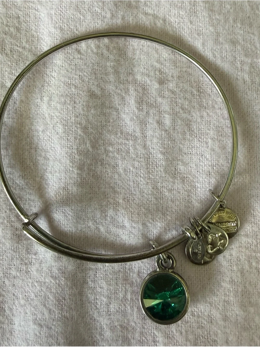 Alex and Ani Silver Bangle with Green Crystal Charm